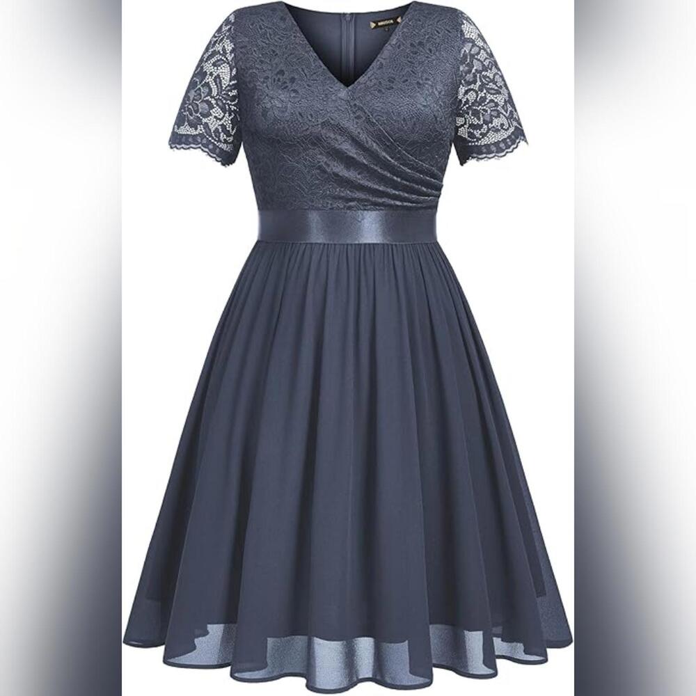 NWT Miusol Formal V Neck Floral Lace Contrast Chiffon A-Line Party Dress, 4XL